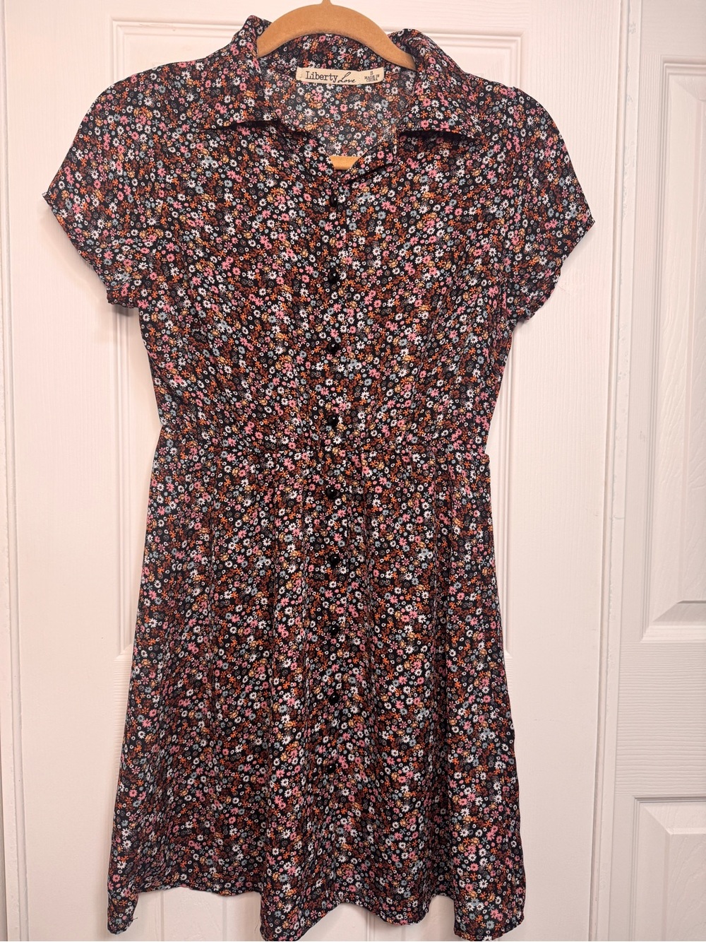 Liberty Love Black Floral Midi Dress with Pink & Blue Blooms